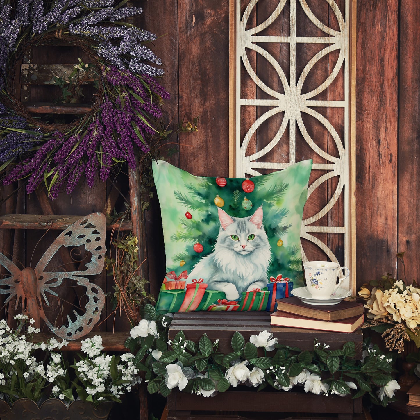 Turkish Angora Cat By the Christmas Tree Throw Pillow