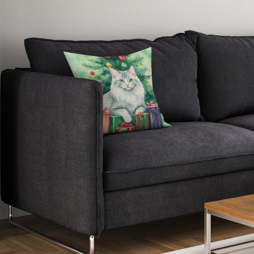 Turkish Angora Cat By the Christmas Tree Throw Pillow