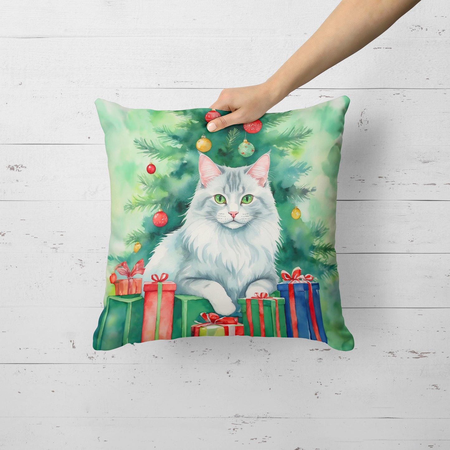 Turkish Angora Cat By the Christmas Tree Throw Pillow