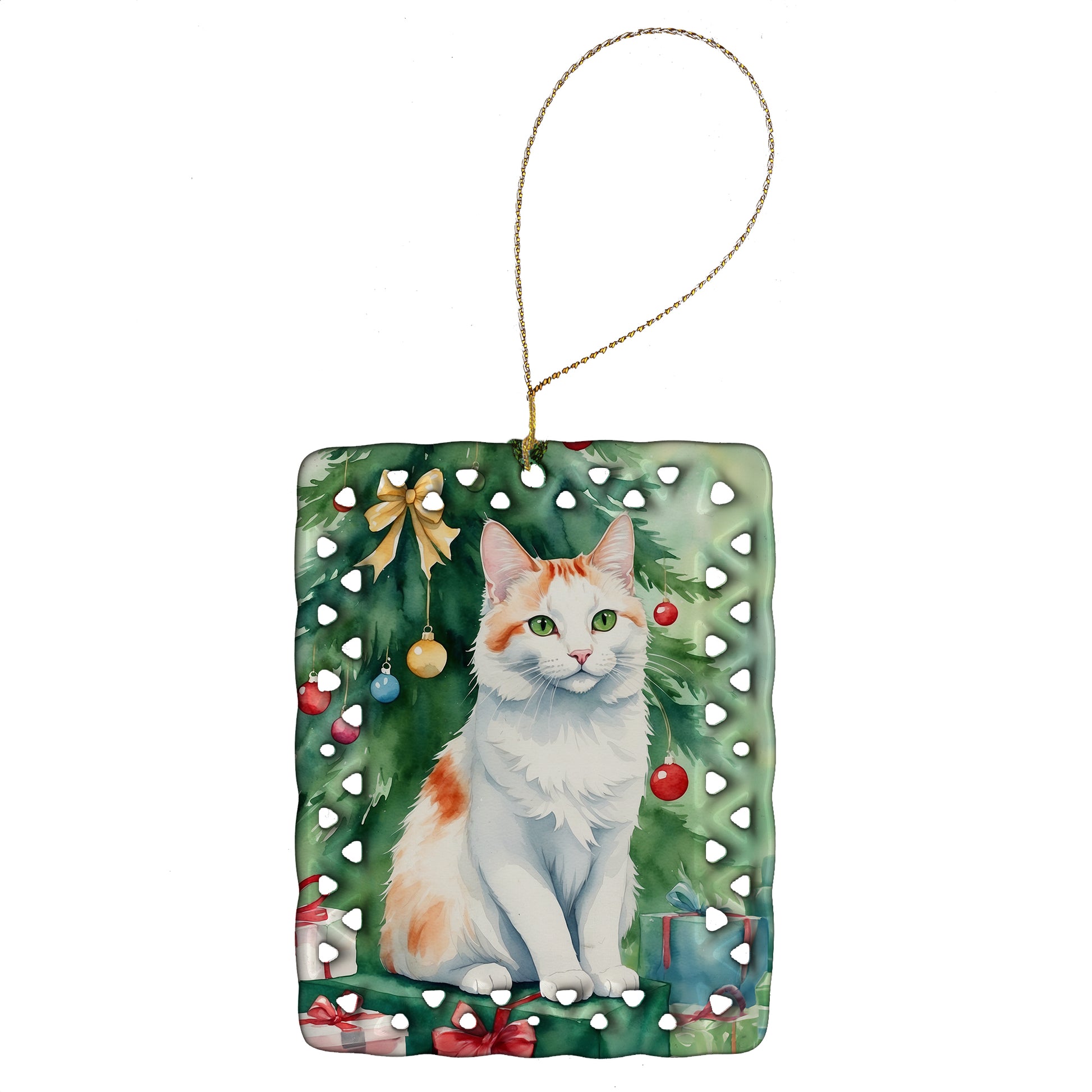 Buy this Turkish Van Cat By the Christmas Tree Porcelain Ornament