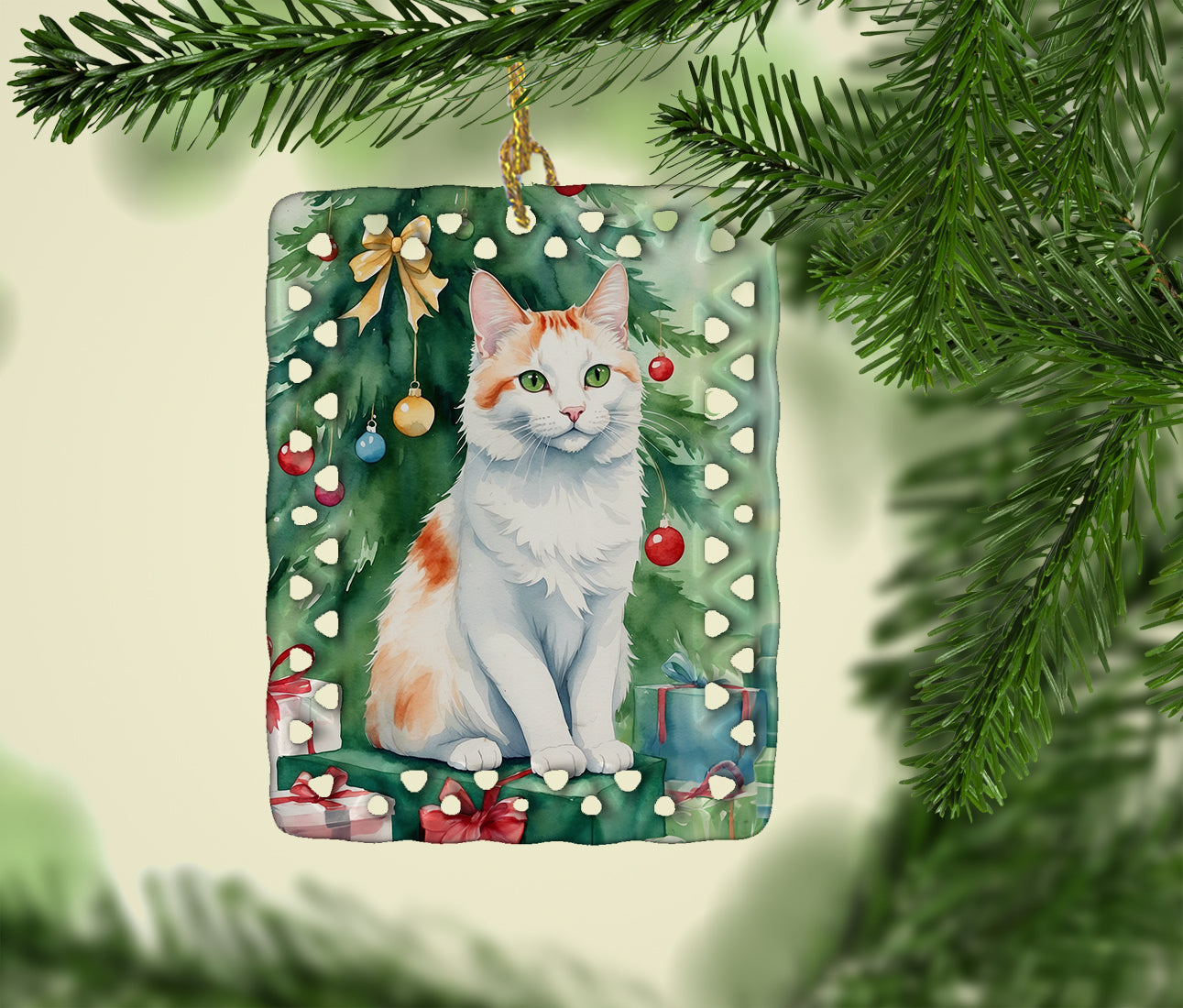 Turkish Van Cat By the Christmas Tree Porcelain Ornament