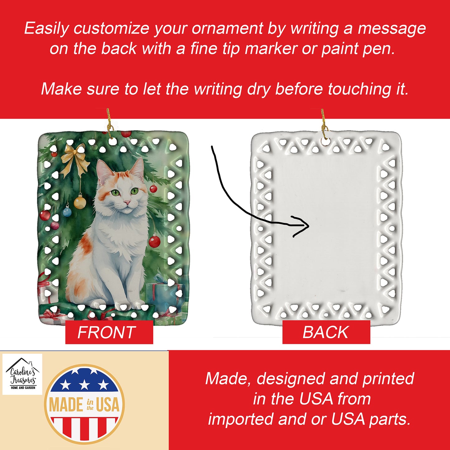 Turkish Van Cat By the Christmas Tree Porcelain Ornament