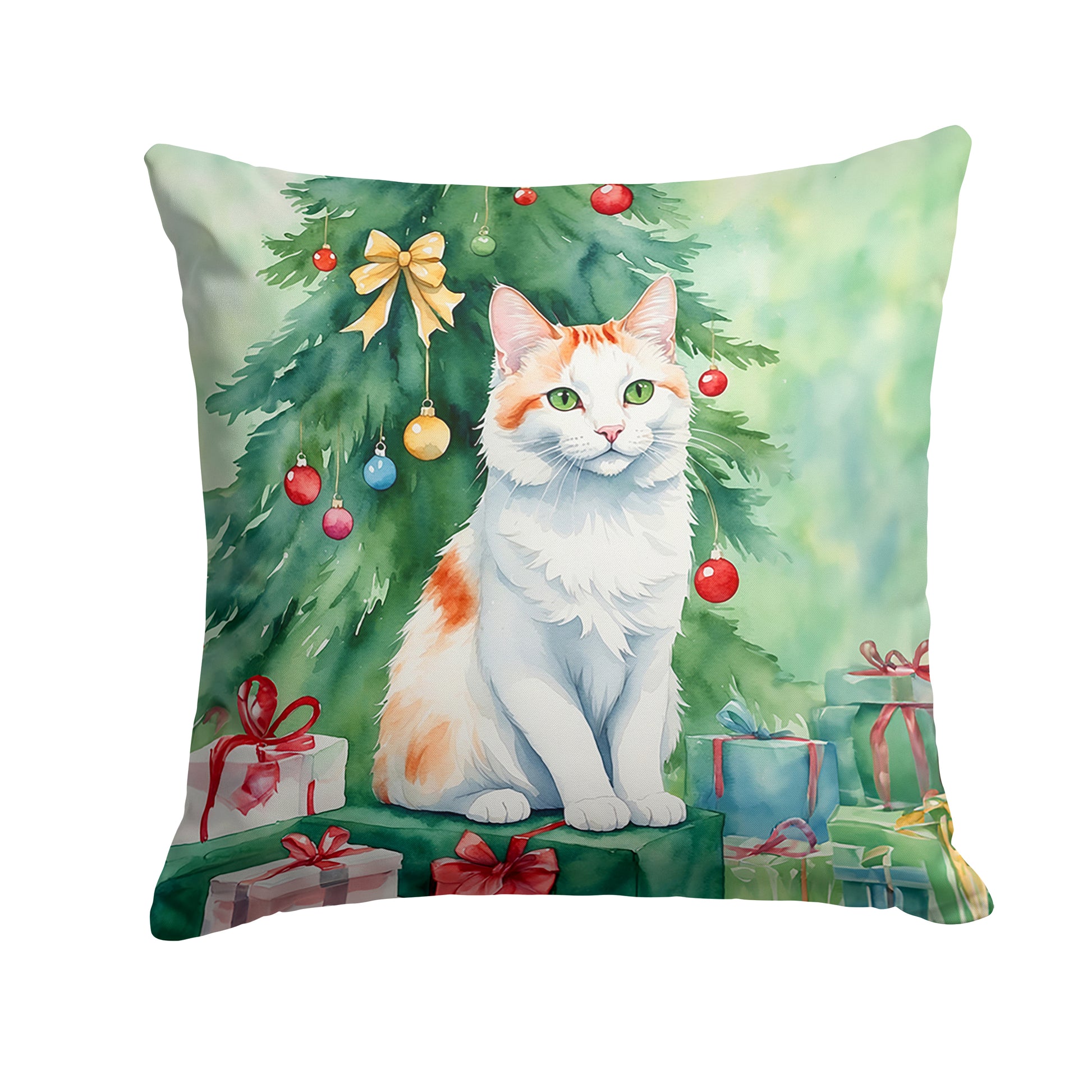 Buy this Turkish Van Cat By the Christmas Tree Throw Pillow