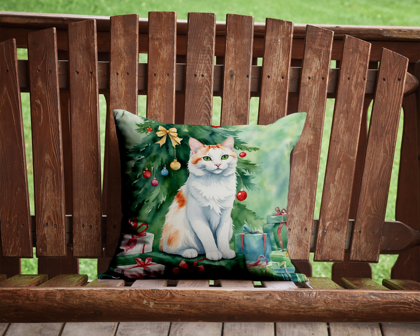 Turkish Van Cat By the Christmas Tree Throw Pillow