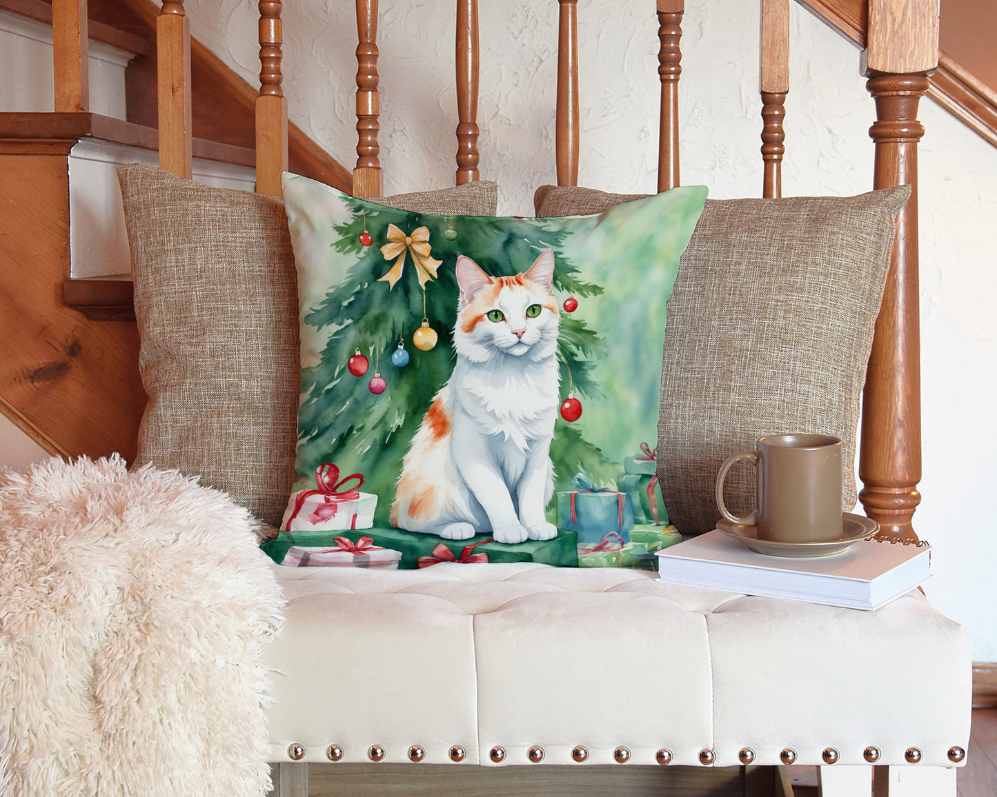 Turkish Van Cat By the Christmas Tree Throw Pillow