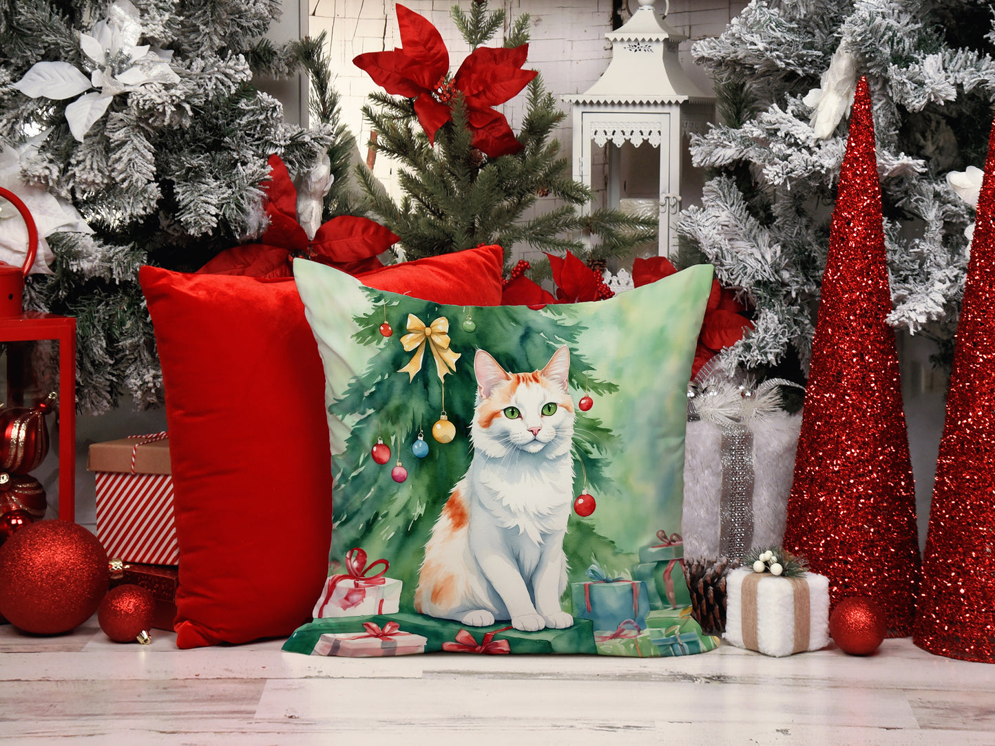 Turkish Van Cat By the Christmas Tree Throw Pillow