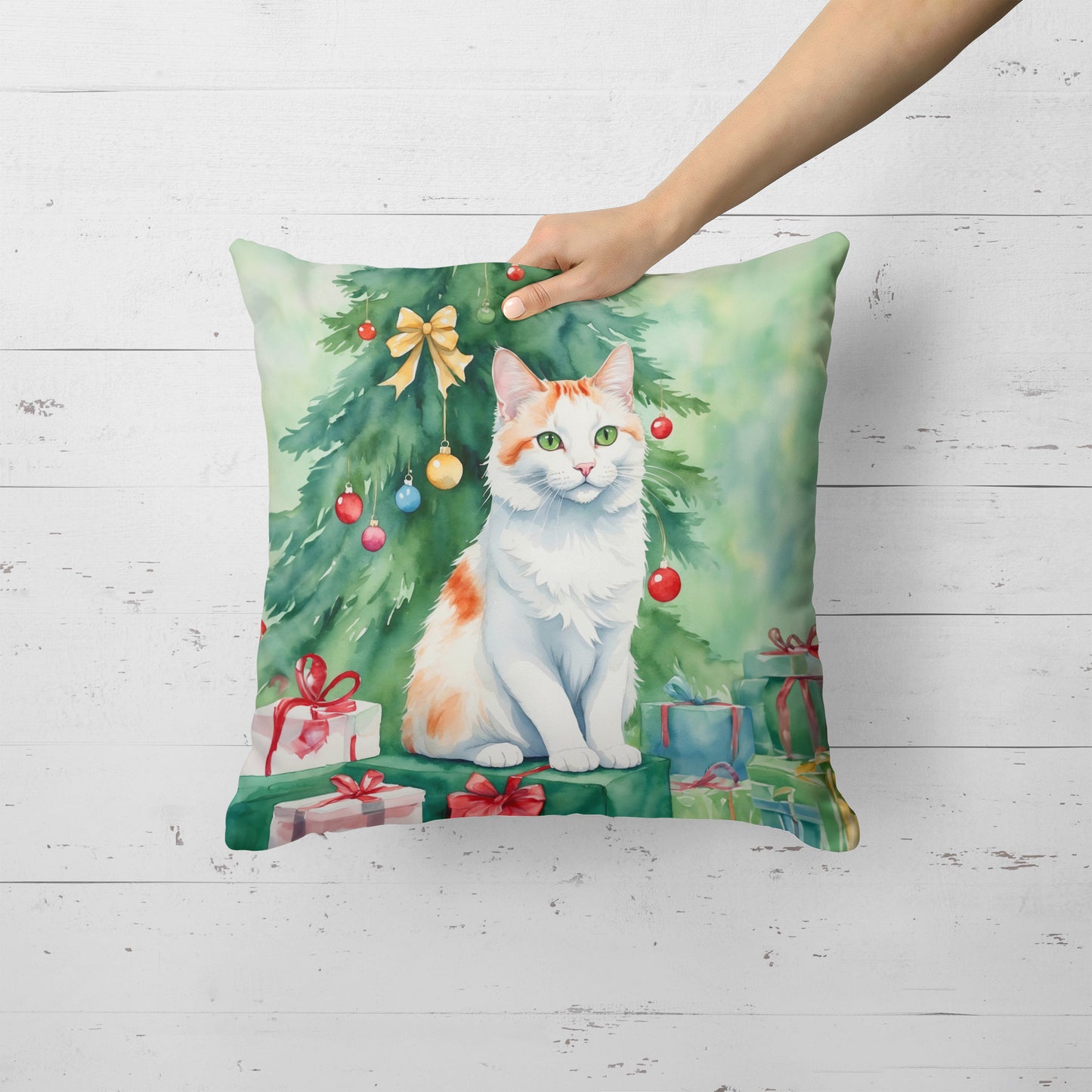 Turkish Van Cat By the Christmas Tree Throw Pillow