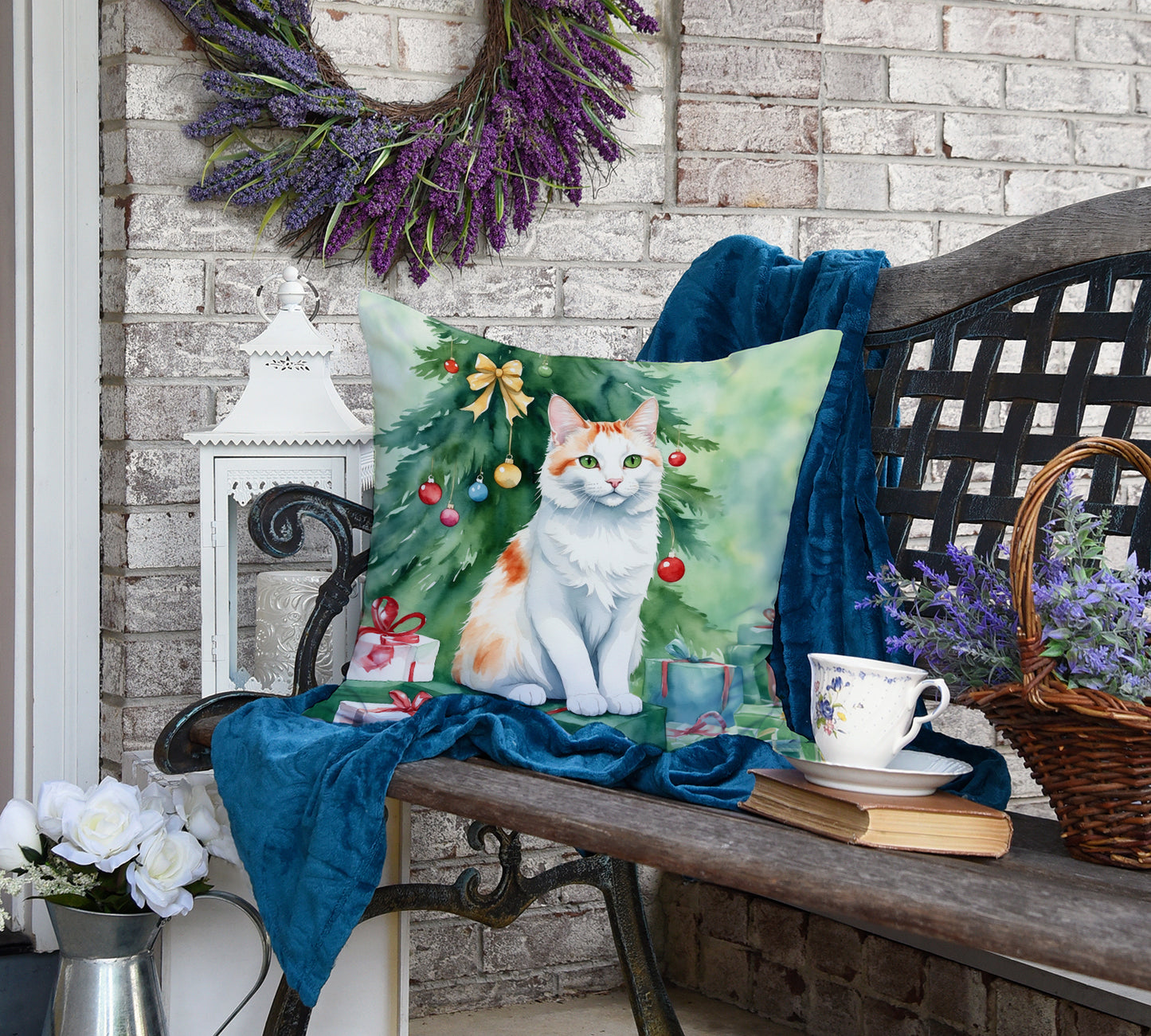 Turkish Van Cat By the Christmas Tree Throw Pillow