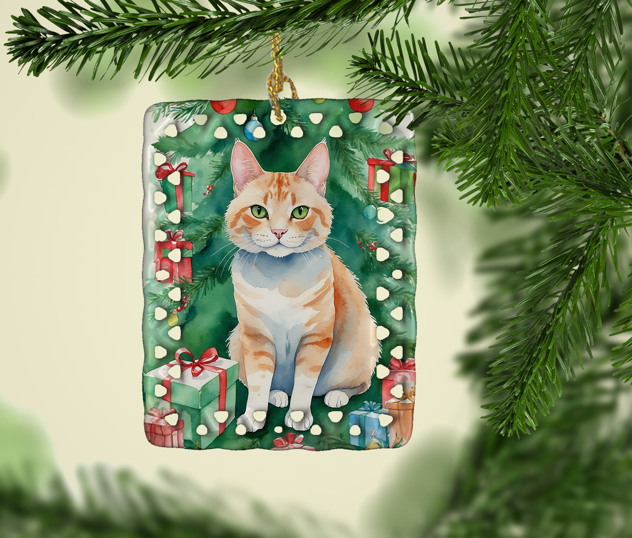 Ural Rex Cat By the Christmas Tree Porcelain Ornament