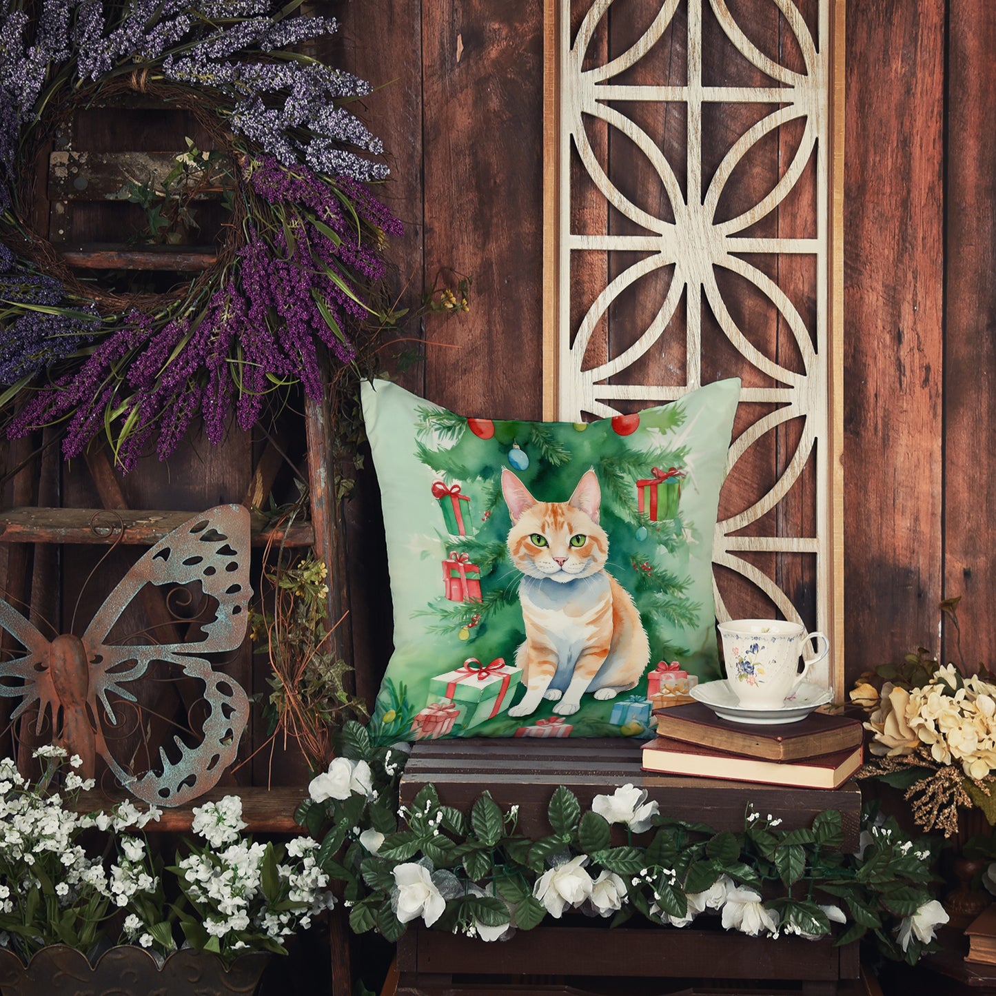 Ural Rex Cat By the Christmas Tree Throw Pillow