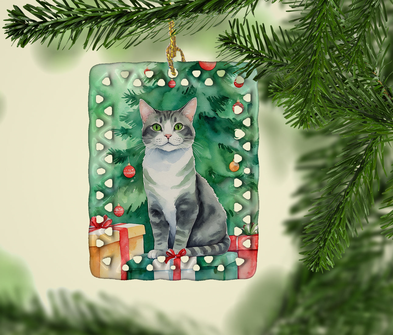 Ural Rex Cat By the Christmas Tree Porcelain Ornament