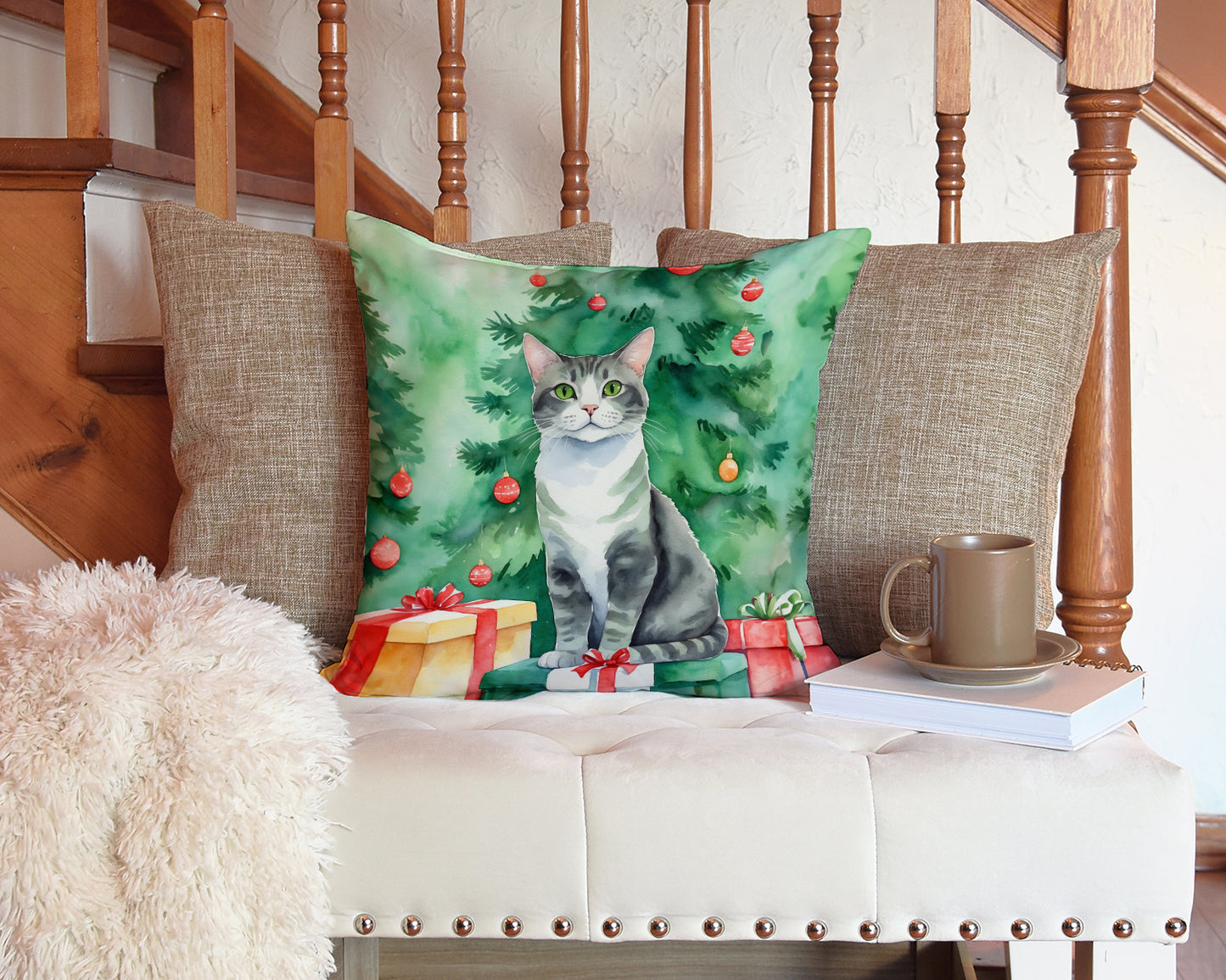Ural Rex Cat By the Christmas Tree Throw Pillow