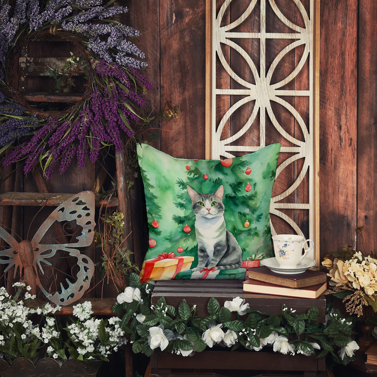 Ural Rex Cat By the Christmas Tree Throw Pillow