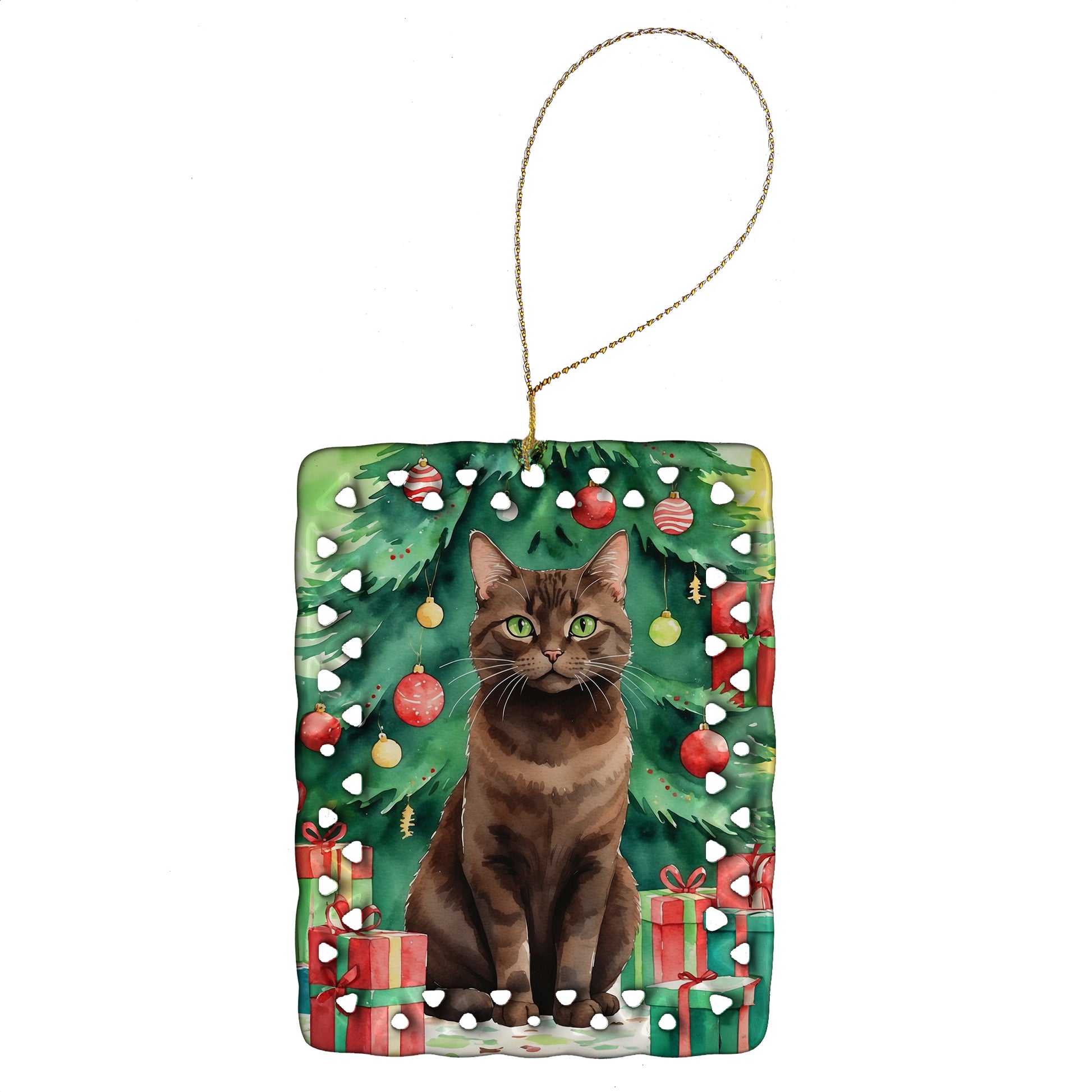 Buy this York Chocolate Cat By the Christmas Tree Porcelain Ornament