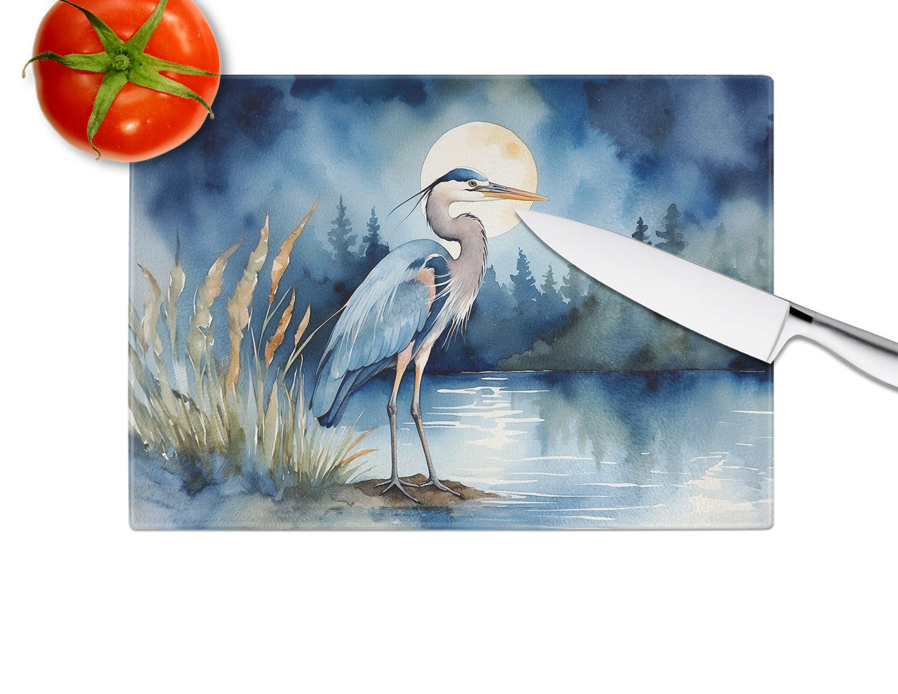 Blue Heron Under the Moonlight Glass Cutting Board