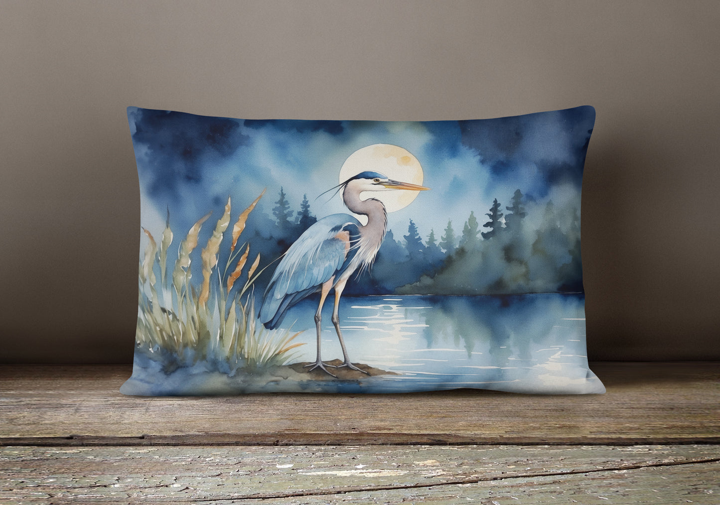Blue Heron Under the Moonlight Throw Pillow