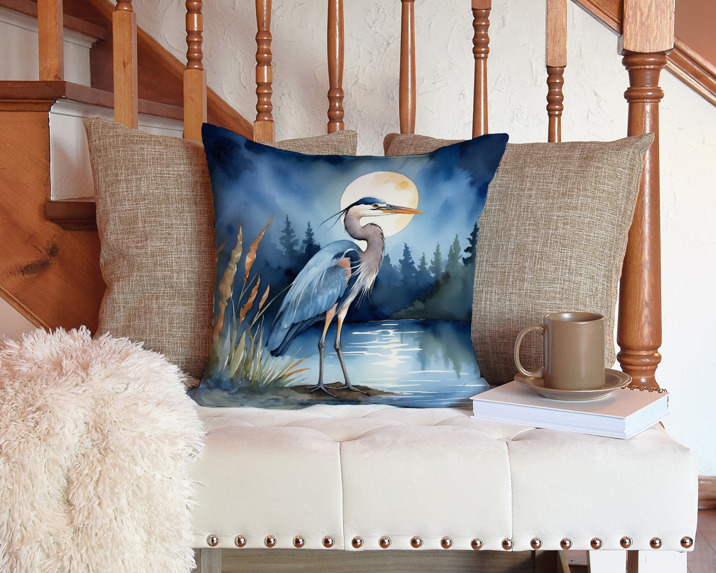 Blue Heron Under the Moonlight Throw Pillow