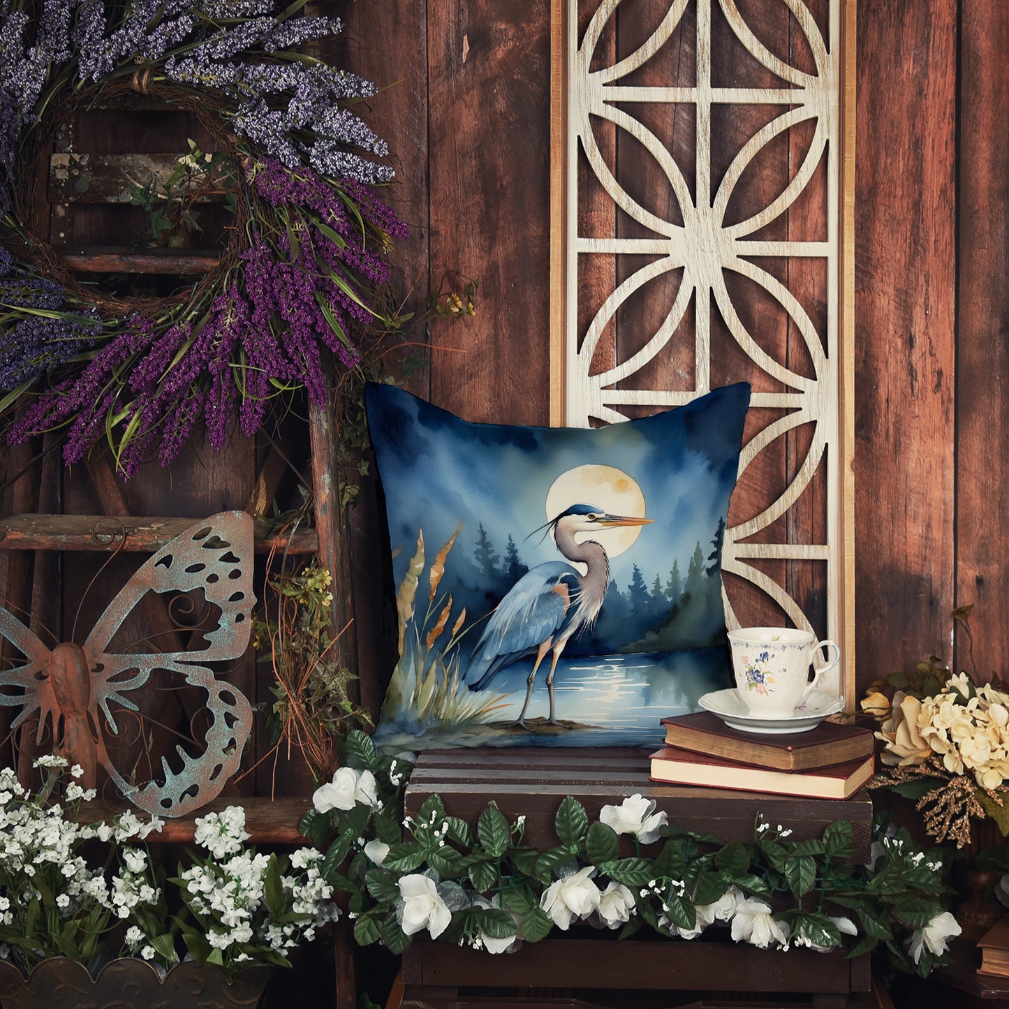 Blue Heron Under the Moonlight Throw Pillow