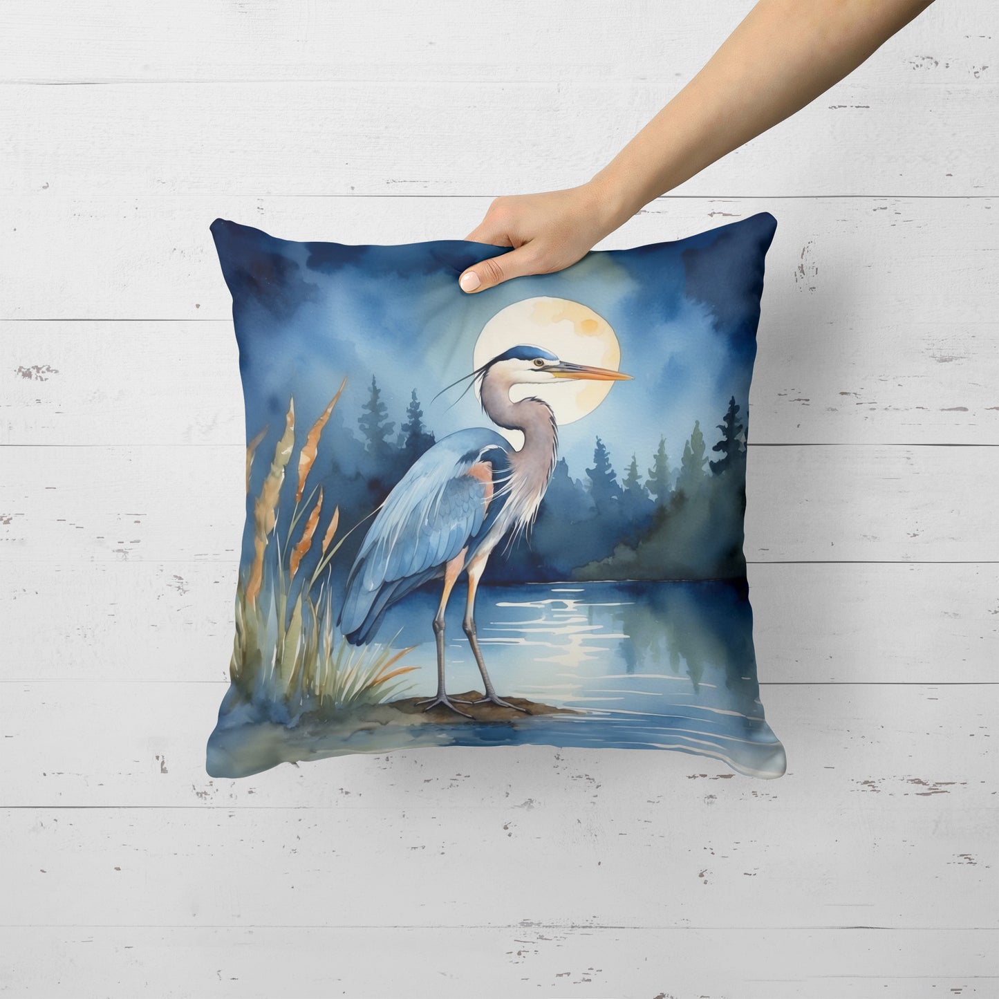Blue Heron Under the Moonlight Throw Pillow