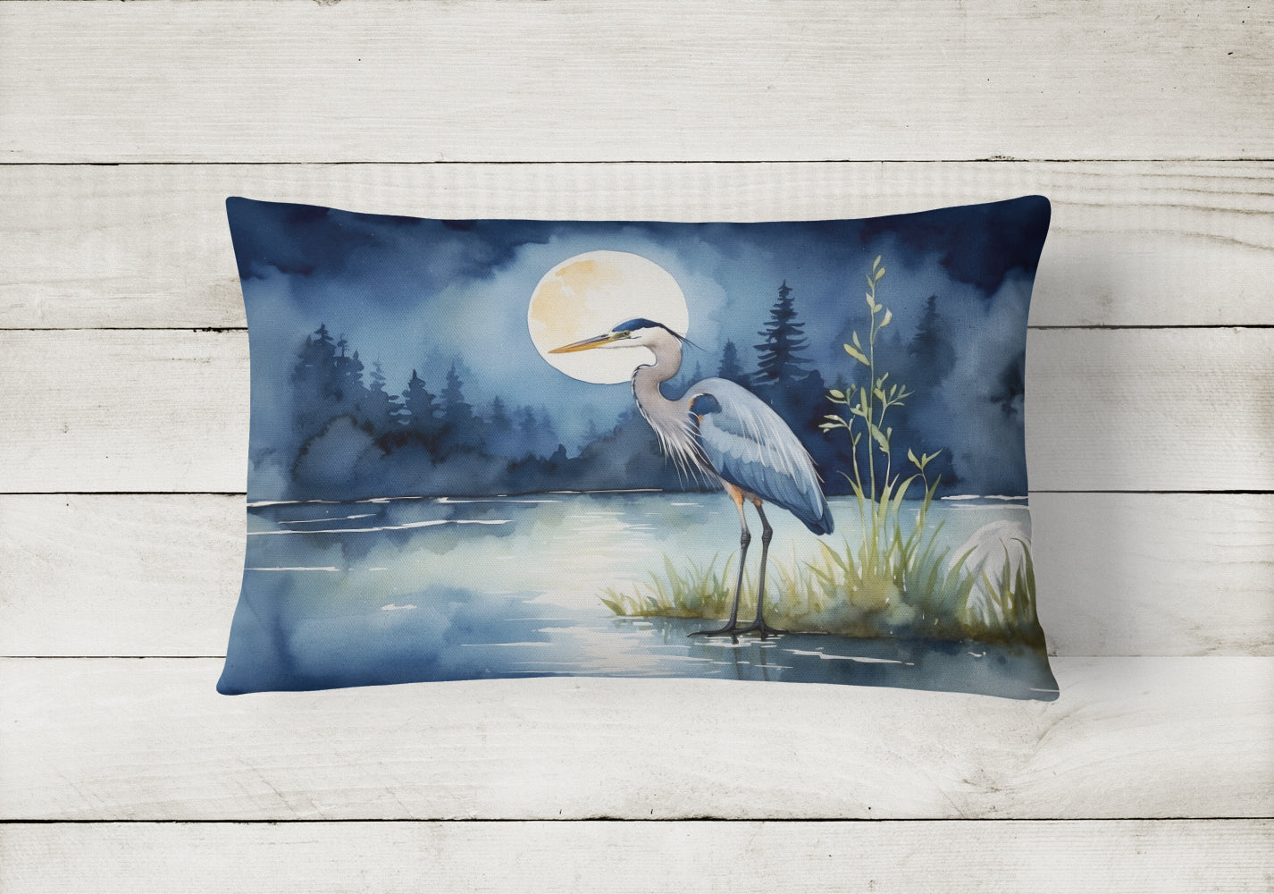 Blue Heron Under the Moonlight Throw Pillow