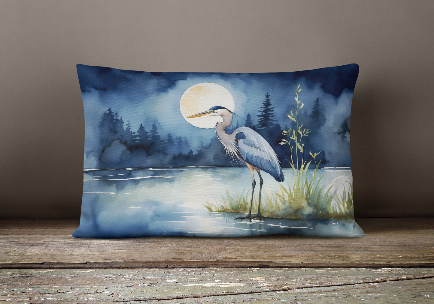 Blue Heron Under the Moonlight Throw Pillow