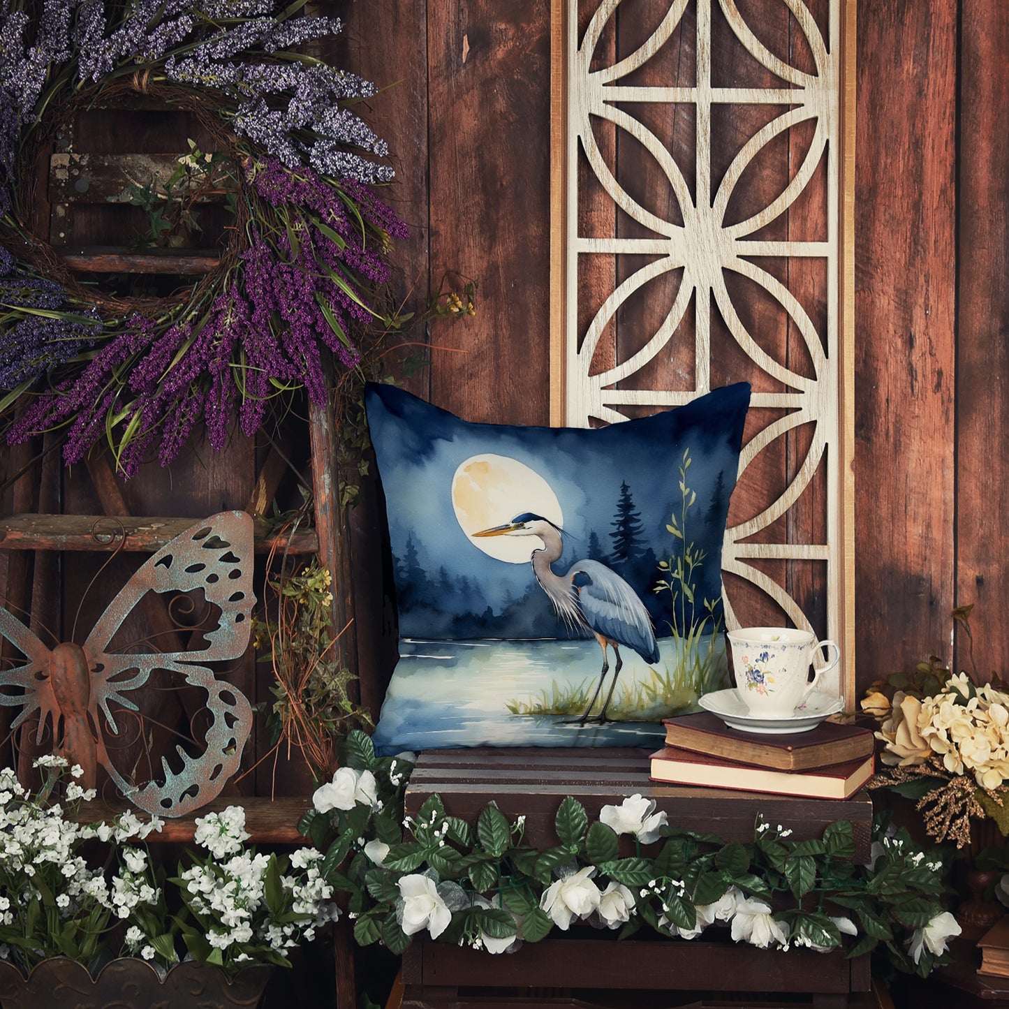 Blue Heron Under the Moonlight Throw Pillow
