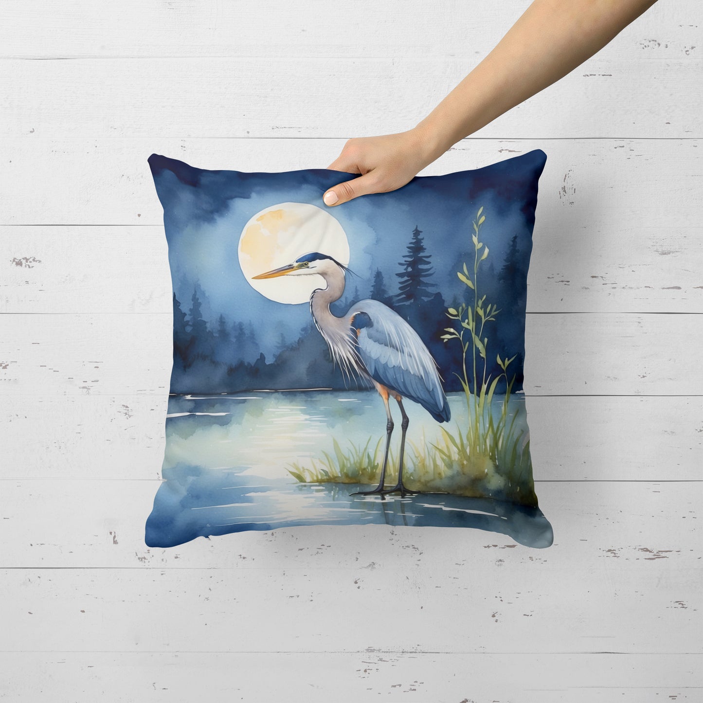 Blue Heron Under the Moonlight Throw Pillow
