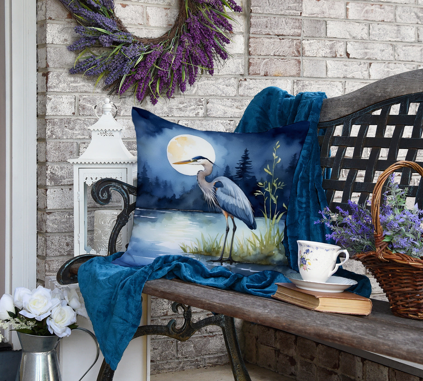 Blue Heron Under the Moonlight Throw Pillow