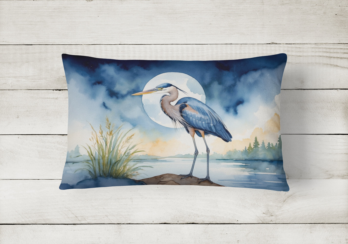 Blue Heron Under the Moonlight Throw Pillow