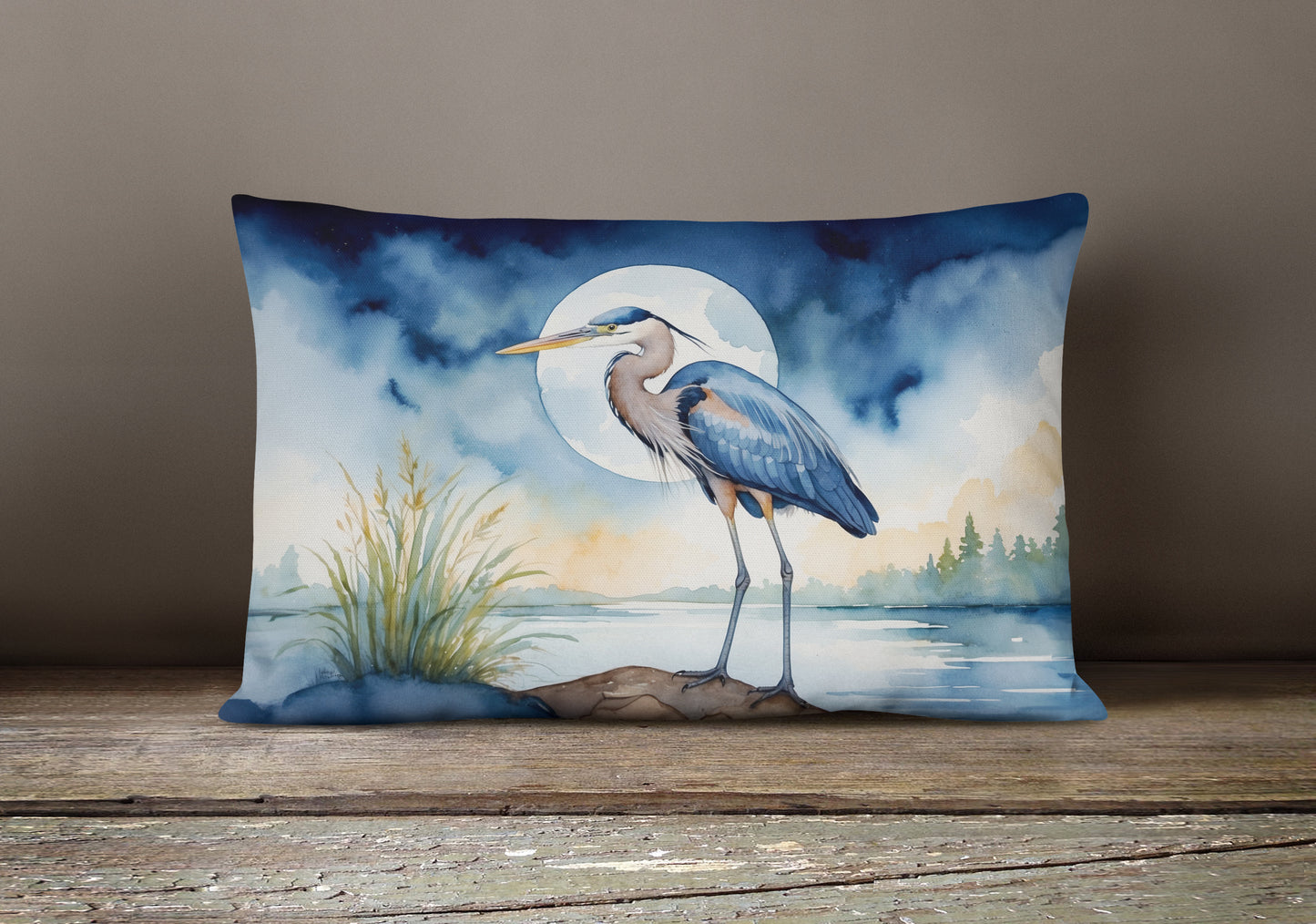 Blue Heron Under the Moonlight Throw Pillow