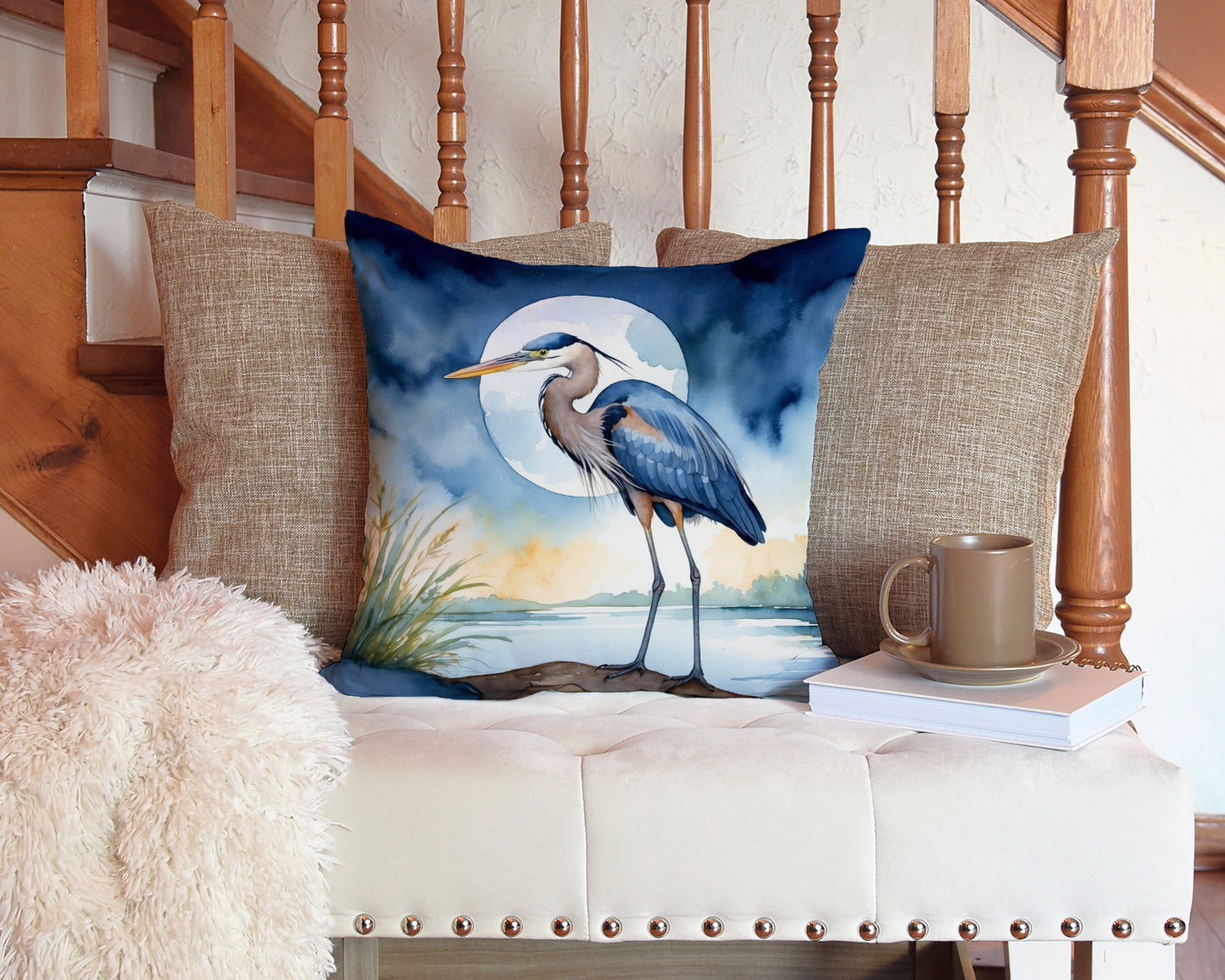 Blue Heron Under the Moonlight Throw Pillow