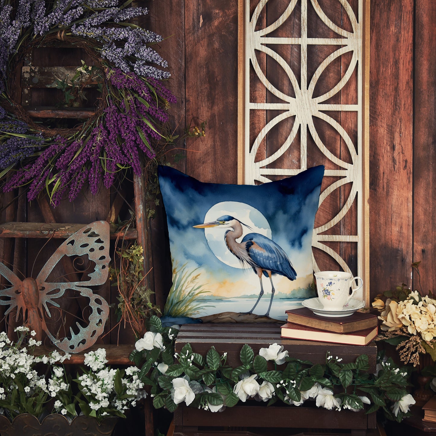 Blue Heron Under the Moonlight Throw Pillow