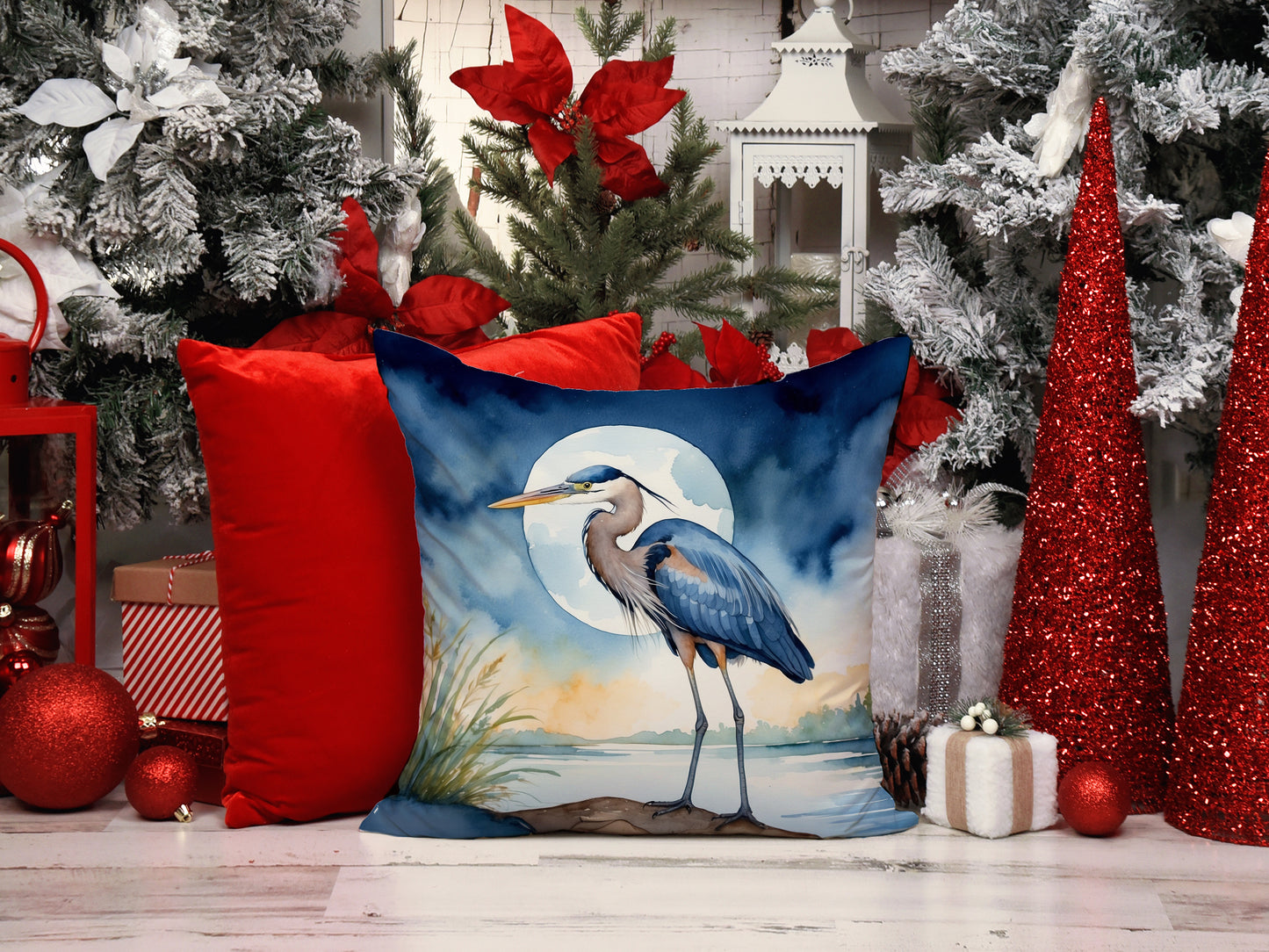 Blue Heron Under the Moonlight Throw Pillow