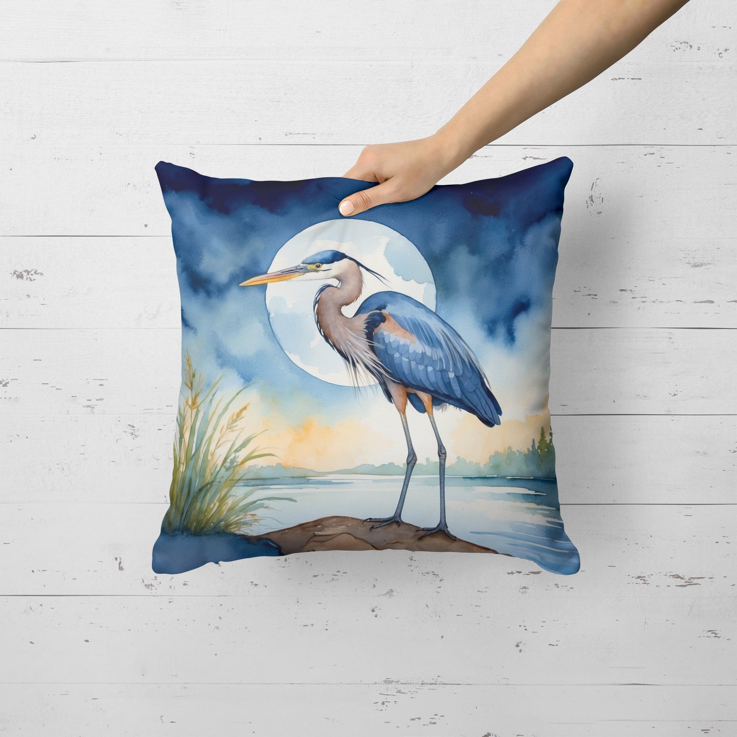 Blue Heron Under the Moonlight Throw Pillow