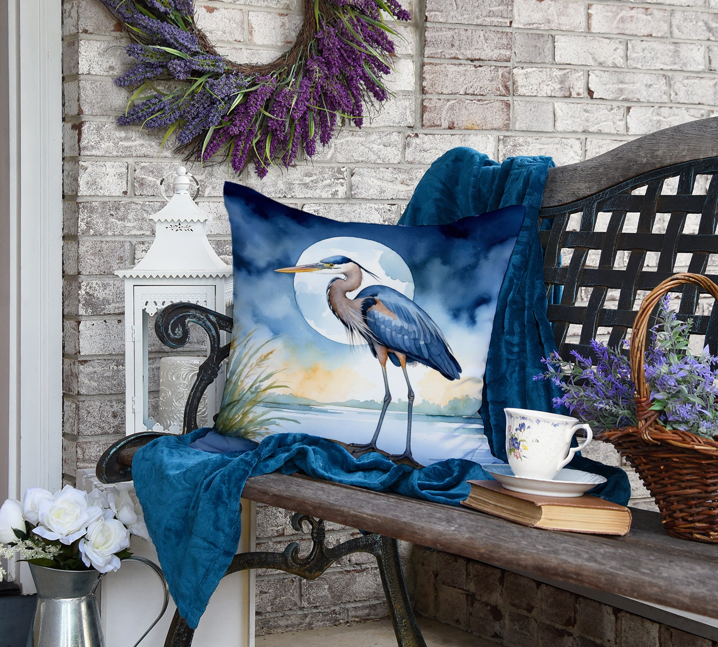 Blue Heron Under the Moonlight Throw Pillow