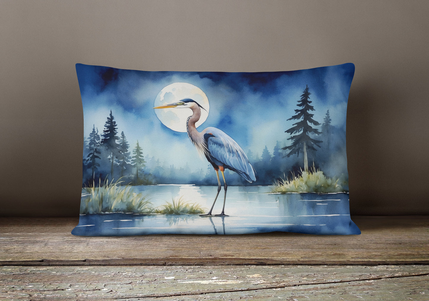 Blue Heron Under the Moonlight Throw Pillow