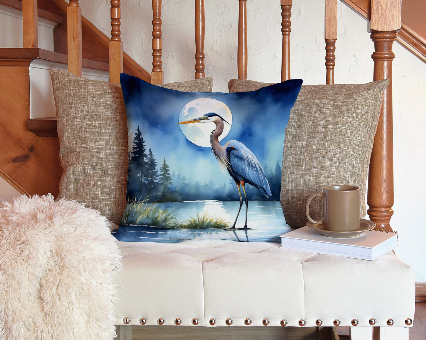 Blue Heron Under the Moonlight Throw Pillow