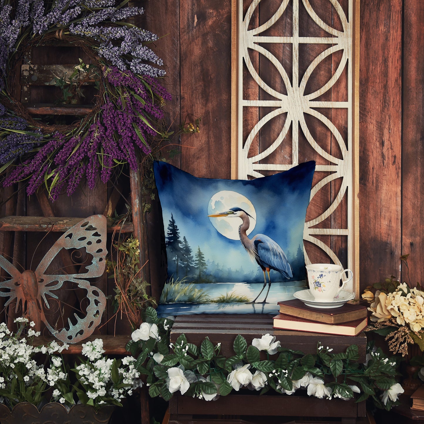 Blue Heron Under the Moonlight Throw Pillow