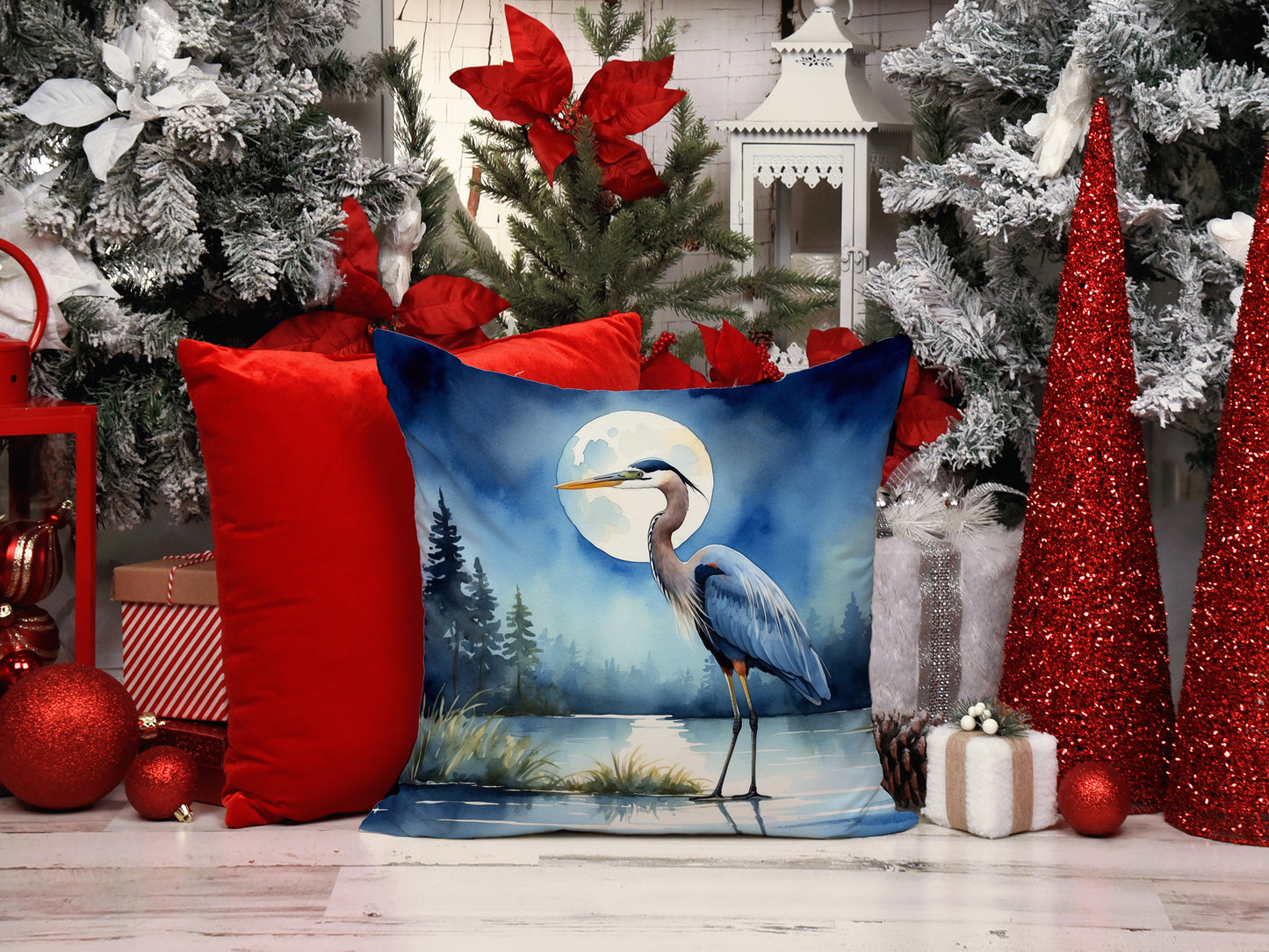 Blue Heron Under the Moonlight Throw Pillow