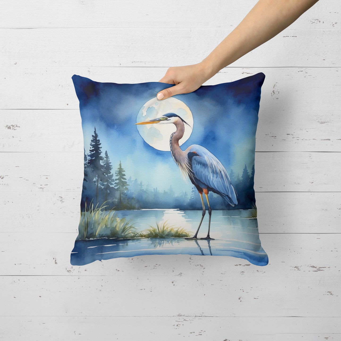 Blue Heron Under the Moonlight Throw Pillow