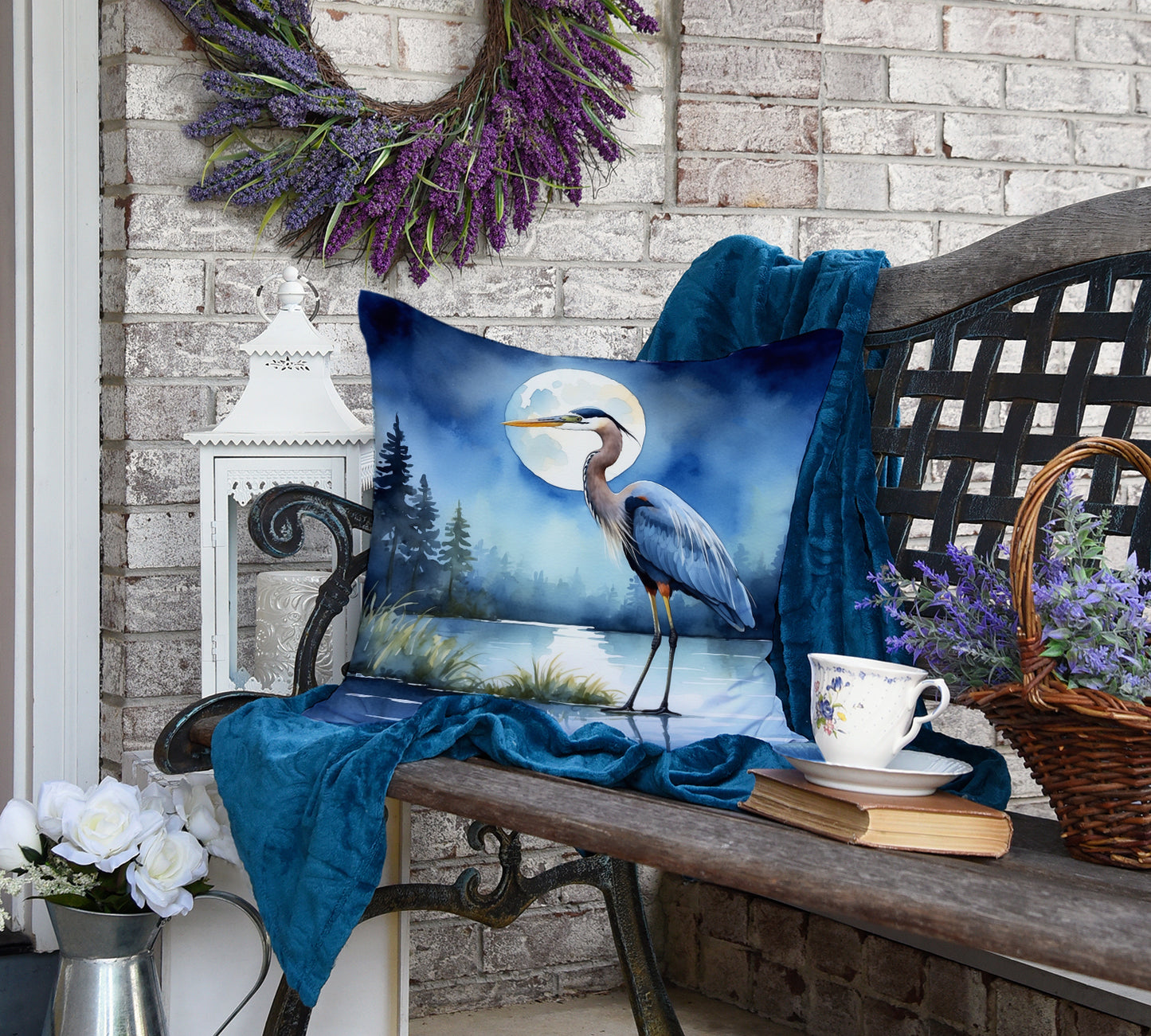 Blue Heron Under the Moonlight Throw Pillow