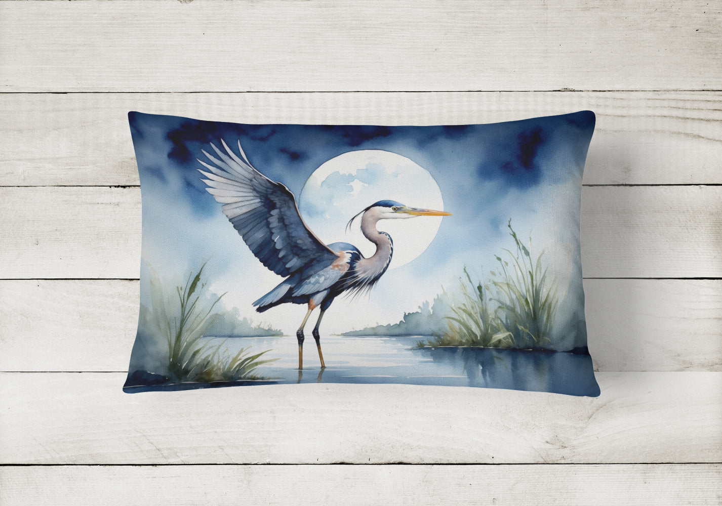 Blue Heron Under the Moonlight Throw Pillow