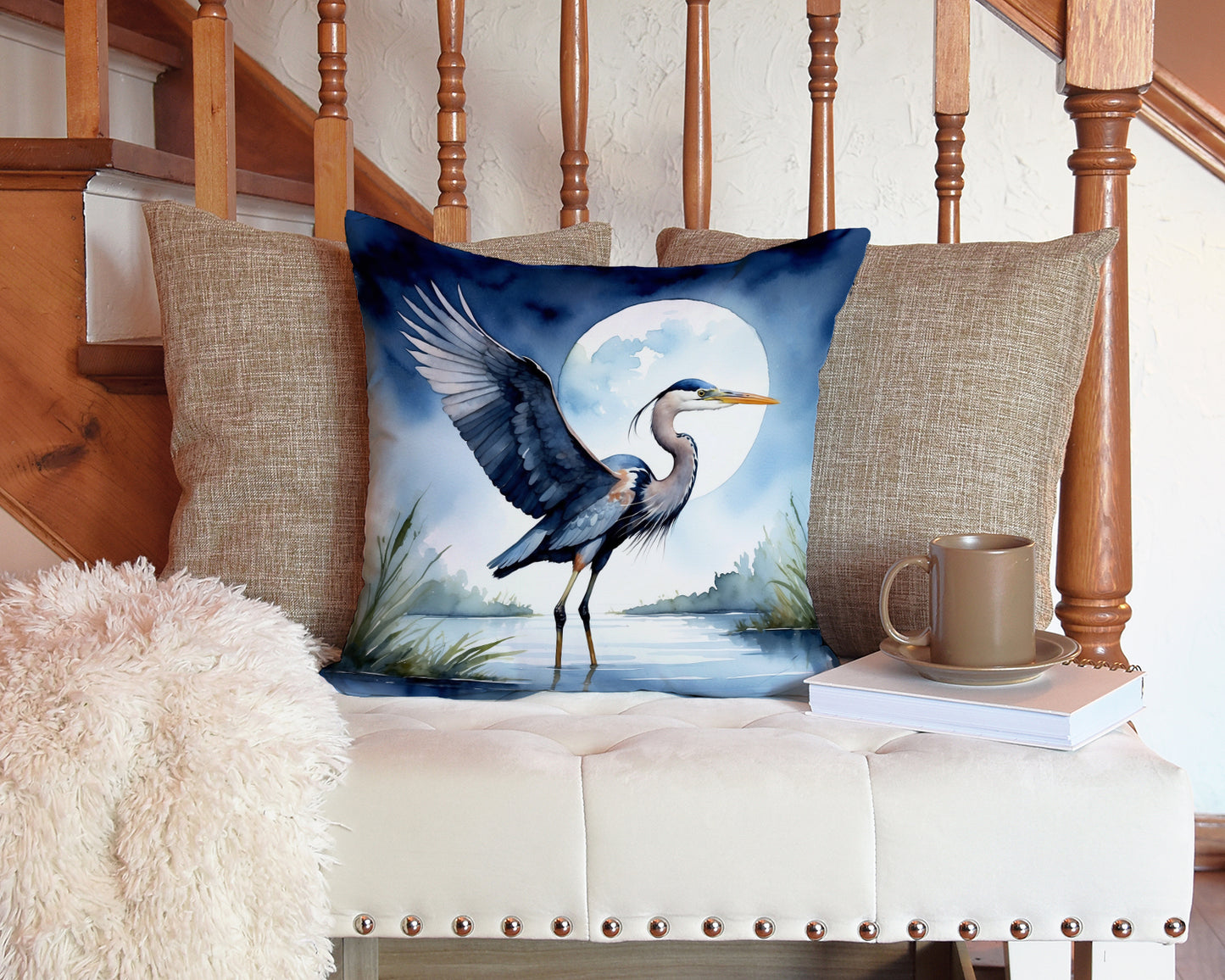 Blue Heron Under the Moonlight Throw Pillow