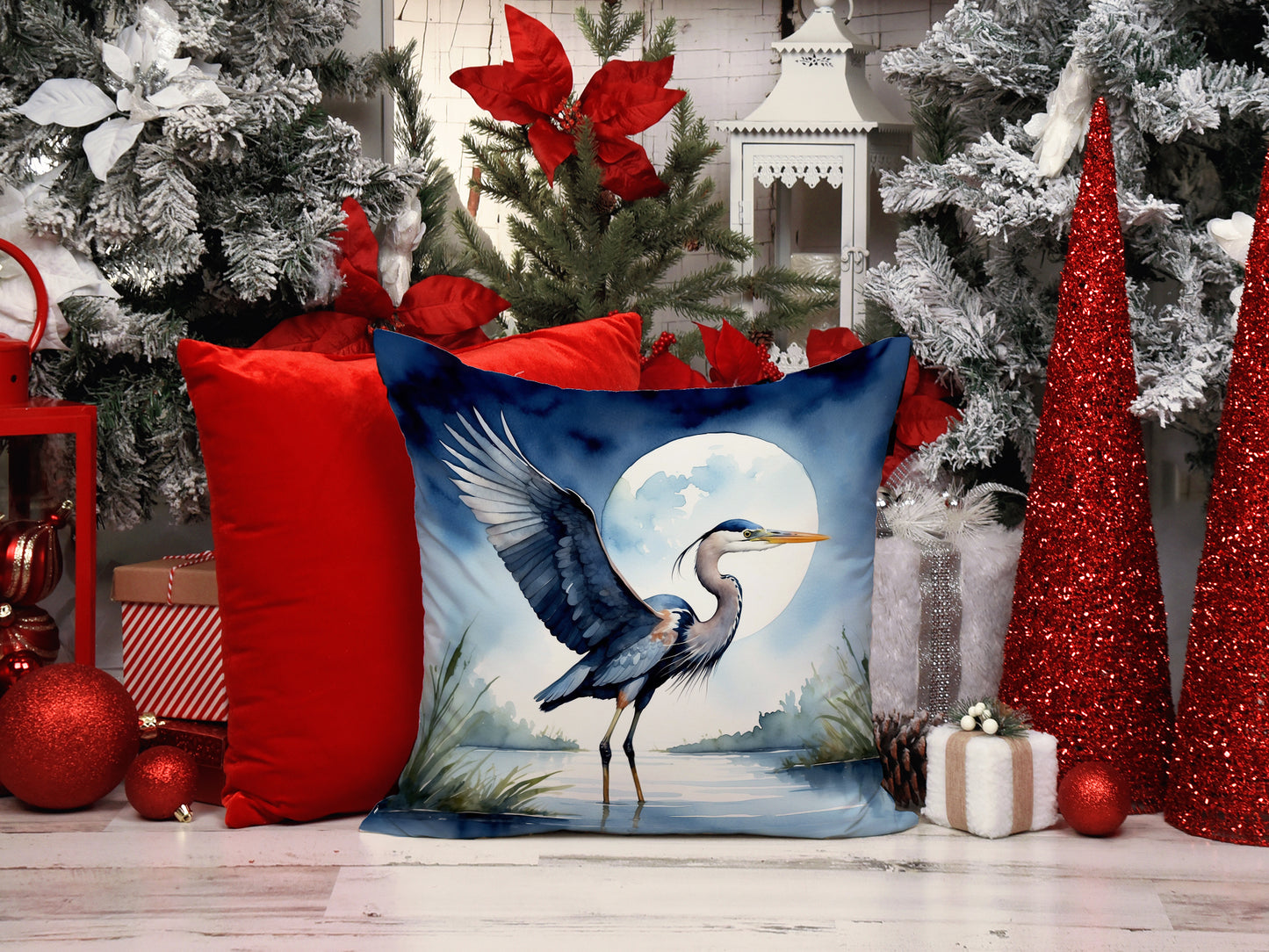 Blue Heron Under the Moonlight Throw Pillow