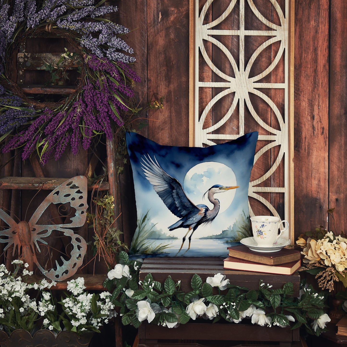 Blue Heron Under the Moonlight Throw Pillow