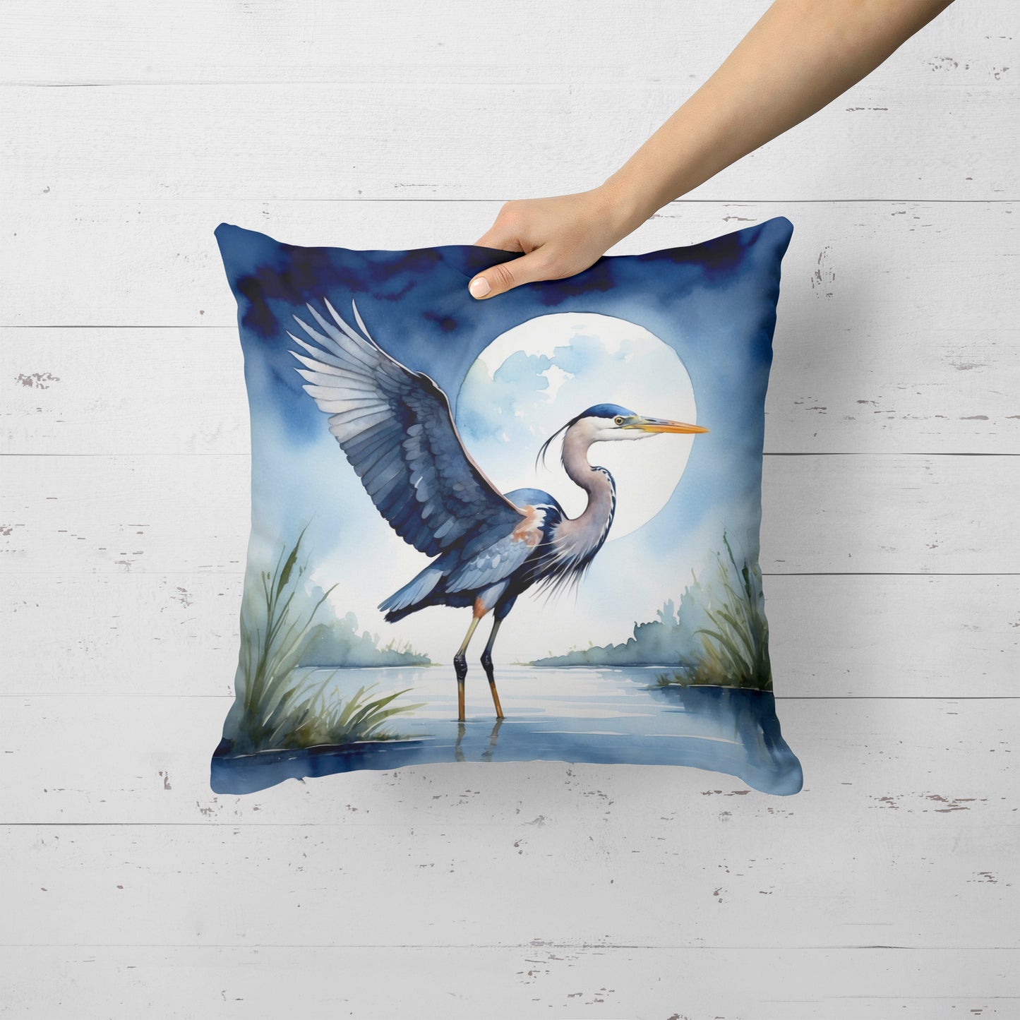 Blue Heron Under the Moonlight Throw Pillow