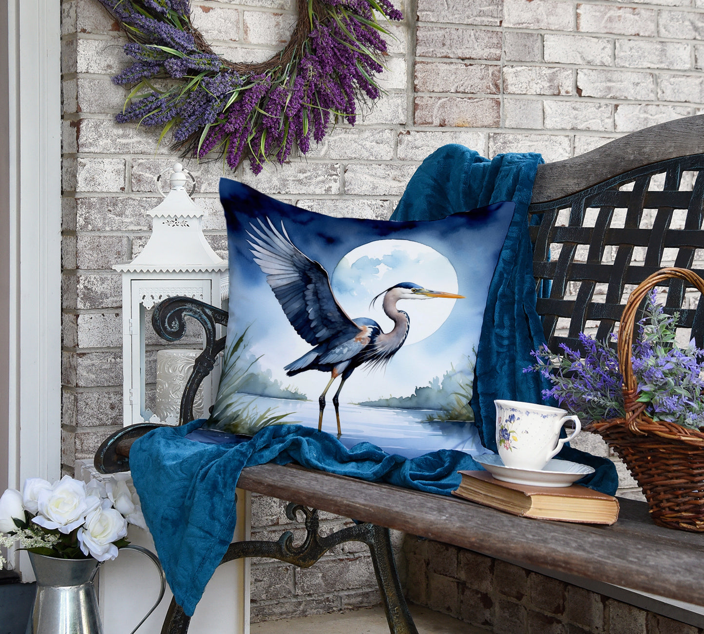 Blue Heron Under the Moonlight Throw Pillow