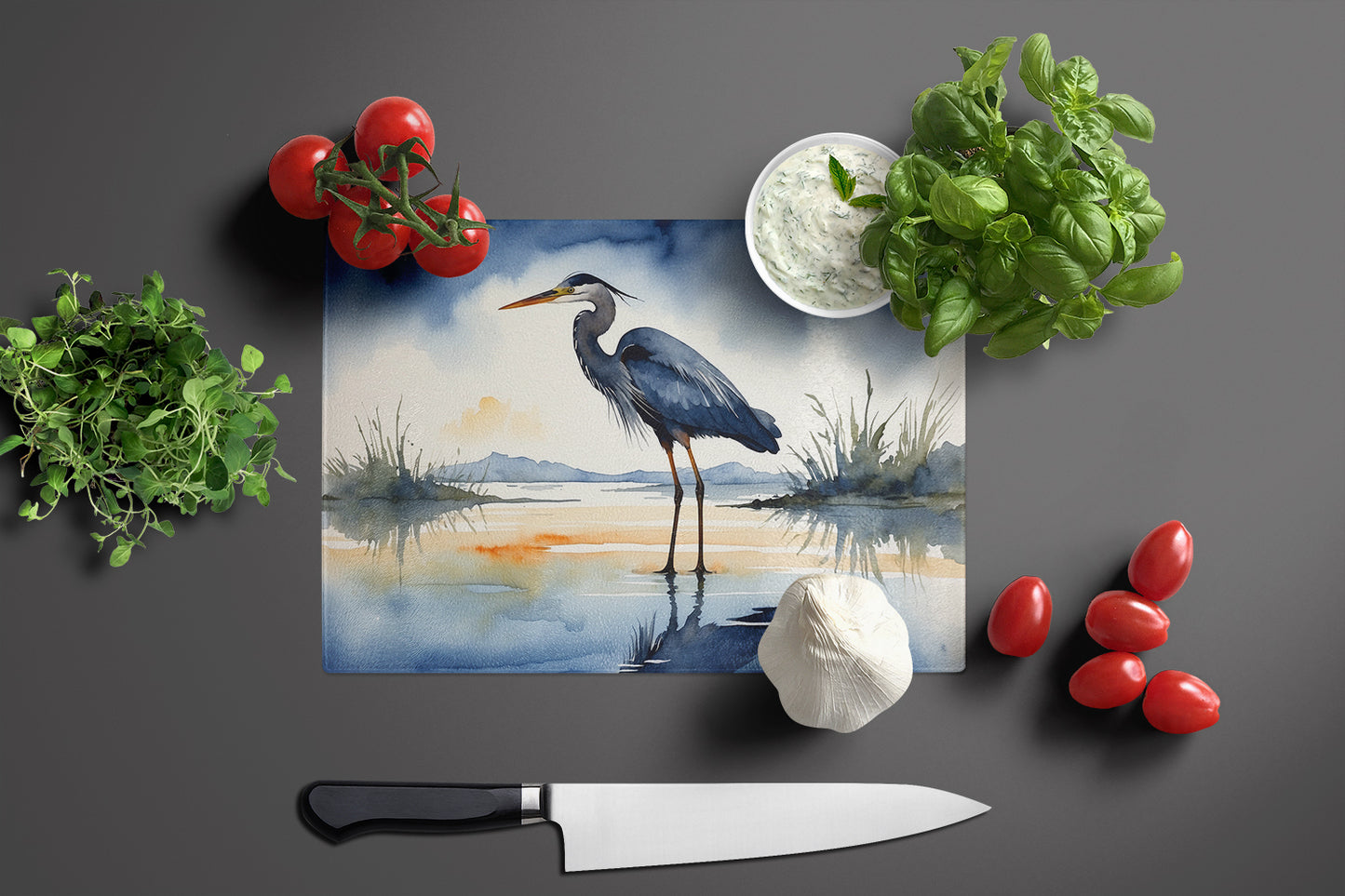 Blue Heron Barely Lit Sky Glass Cutting Board
