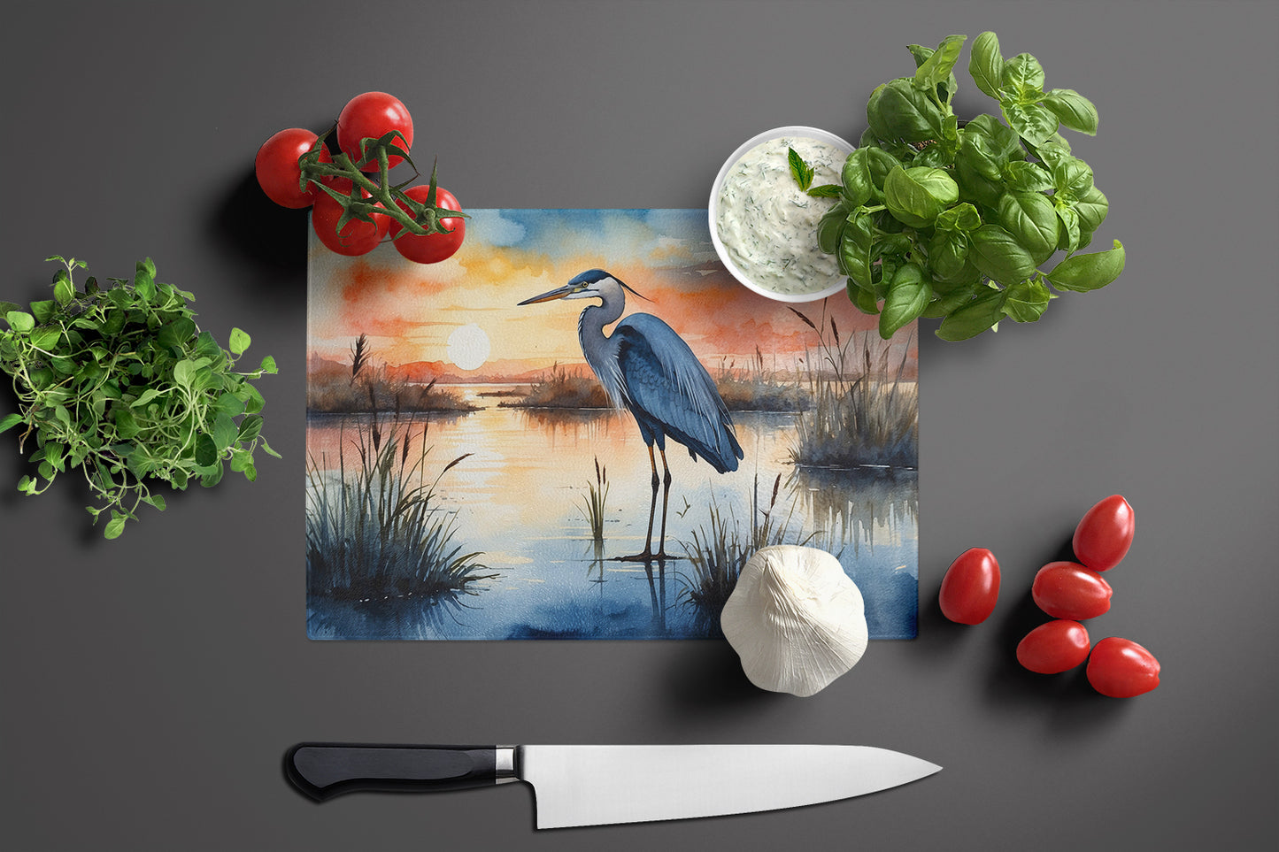 Blue Heron Setting Sun Glass Cutting Board