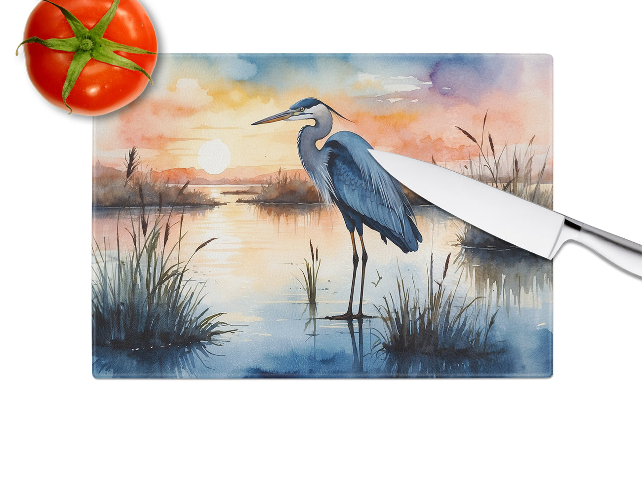 Blue Heron Setting Sun Glass Cutting Board
